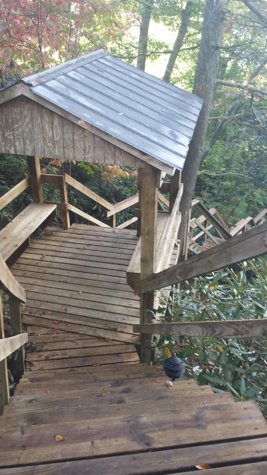 Metal roofed shelter over wooden steps on a wooded walkway — Skylight Repair & Installation work by our crew in Rebersburg